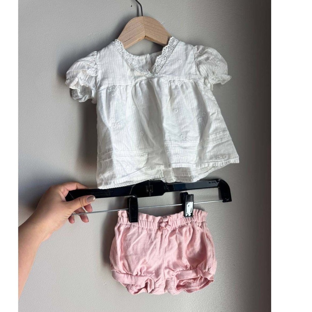 Zara Eyelet Embroidered Puff Sleeve Top Bloomers Outfit Boho Coquette 3-6M